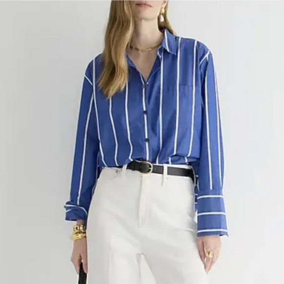 J. Crew Tops - J. Crew Lightweight Cotton Blend Shirt Signature Fit Blue Stripe Large Petite